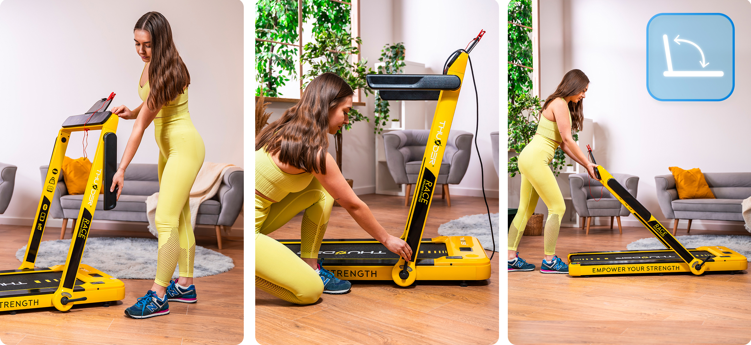 Cinta de correr Thunder RACE plegada en un espacio pequeño