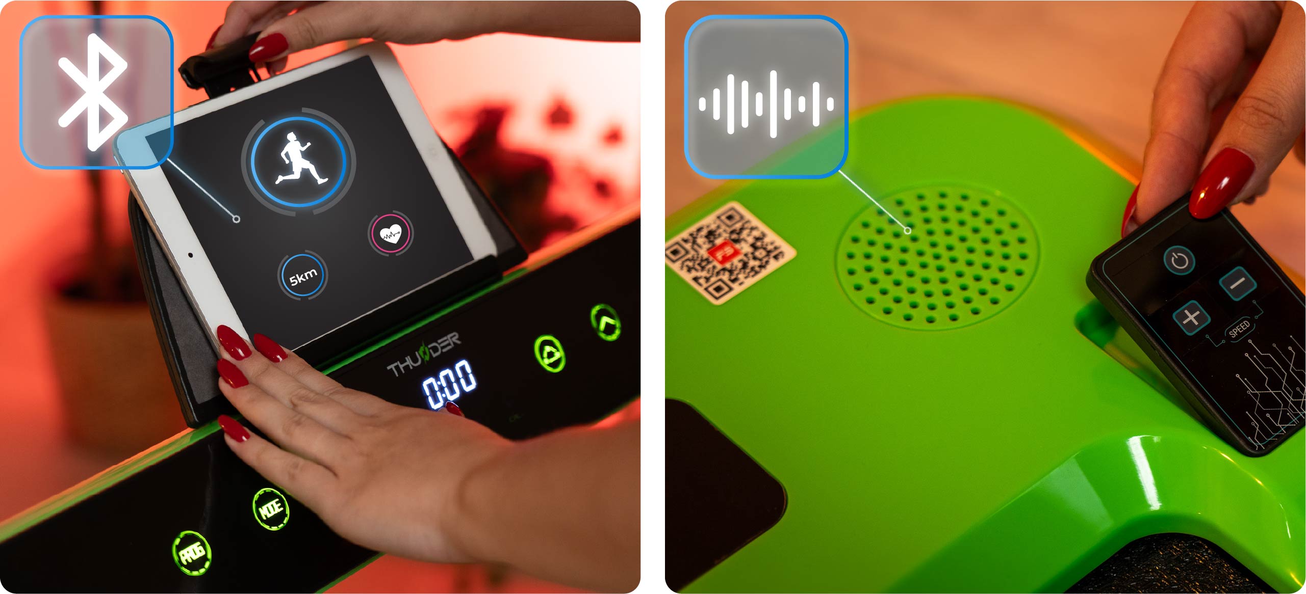 Panel de control de la cinta de correr Thunder RACE con tableta visible y aplicación FitShow
