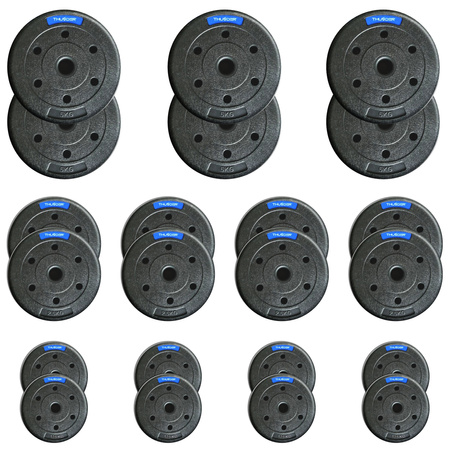 Set de pesos bituminosos de la marca THUNDER 6x5 kg + 8x2,5 kg + 8x1,25 kg